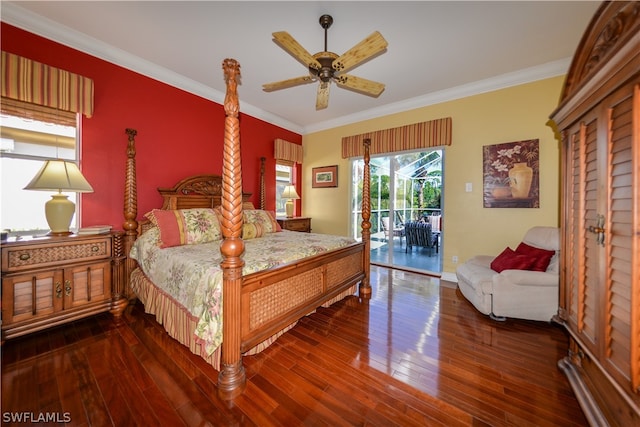 bedroom featuring ornamental molding, ceiling fan, access to outside, and dark wood-type flooring