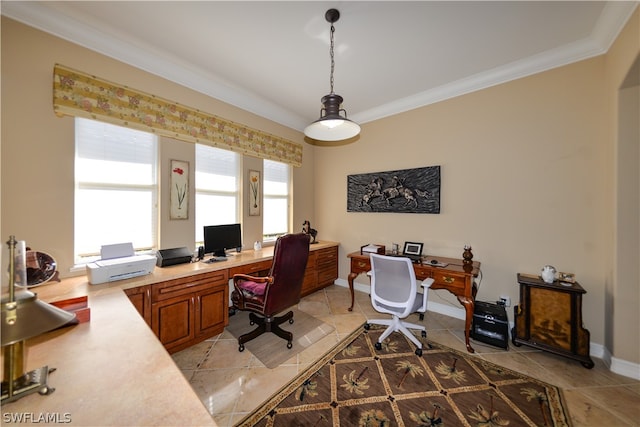 office space featuring light tile patterned flooring and crown molding