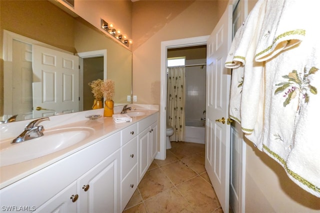 full bathroom with shower / bathtub combination with curtain, toilet, tile patterned floors, and double sink vanity