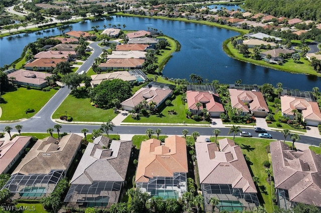 aerial view featuring a water view