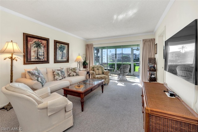 carpeted living room featuring a textured ceiling and crown molding