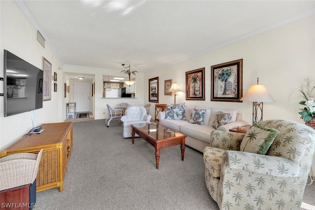 carpeted living room with a textured ceiling