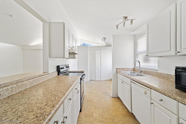 kitchen featuring dishwasher, white cabinetry, electric stove, sink, and vaulted ceiling