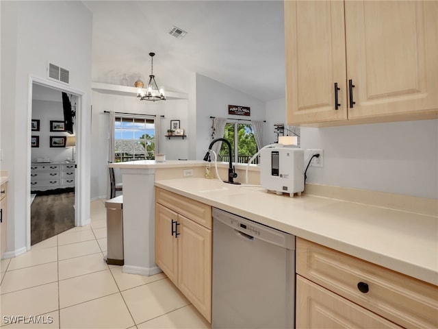 kitchen featuring light hardwood / wood-style flooring, light brown cabinets, dishwasher, vaulted ceiling, and sink