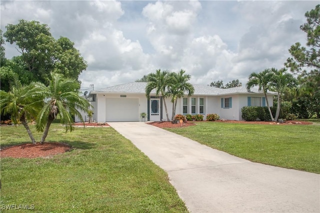 ranch-style home with a front lawn and a garage