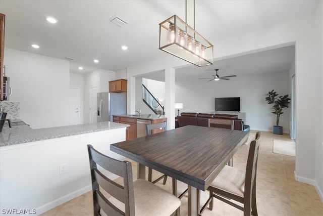 dining area featuring visible vents, light tile patterned floors, a ceiling fan, and recessed lighting