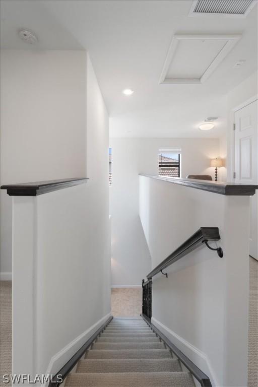 stairs featuring baseboards, visible vents, attic access, and carpet flooring