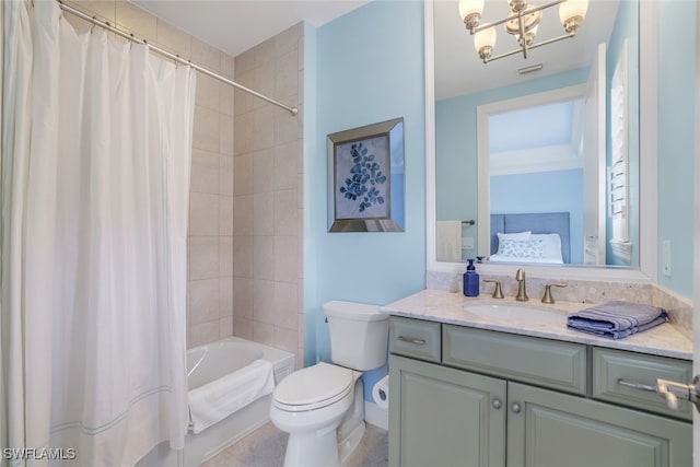 full bathroom with vanity, shower / bath combo, a notable chandelier, and toilet