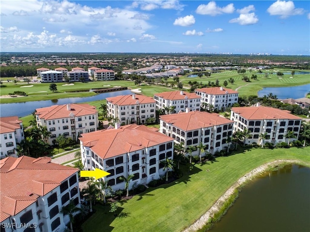 drone / aerial view featuring a water view