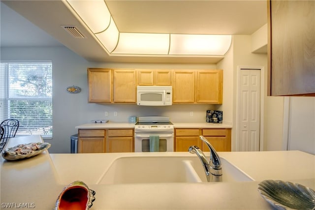 kitchen featuring sink, light brown cabinetry, and white appliances