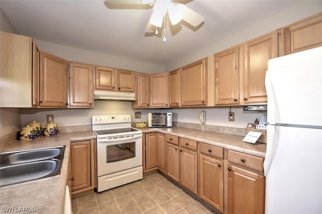 kitchen with light brown cabinetry, ceiling fan, white appliances, sink, and light tile patterned floors