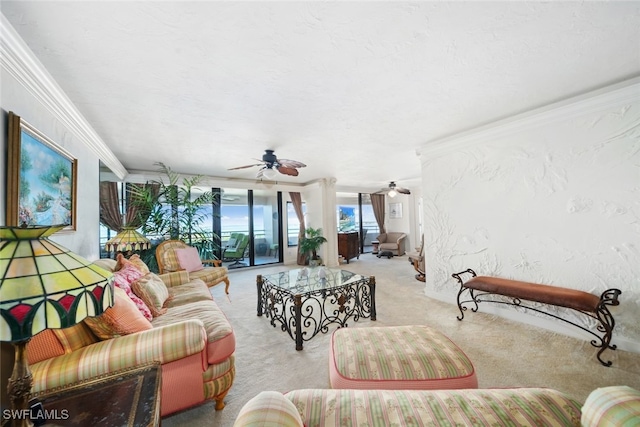 carpeted living room with ceiling fan, crown molding, and a textured ceiling