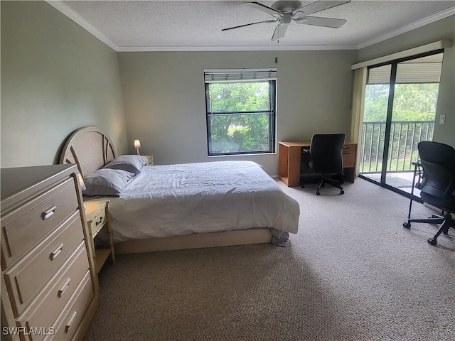 bedroom featuring a textured ceiling, ceiling fan, access to exterior, and carpet floors