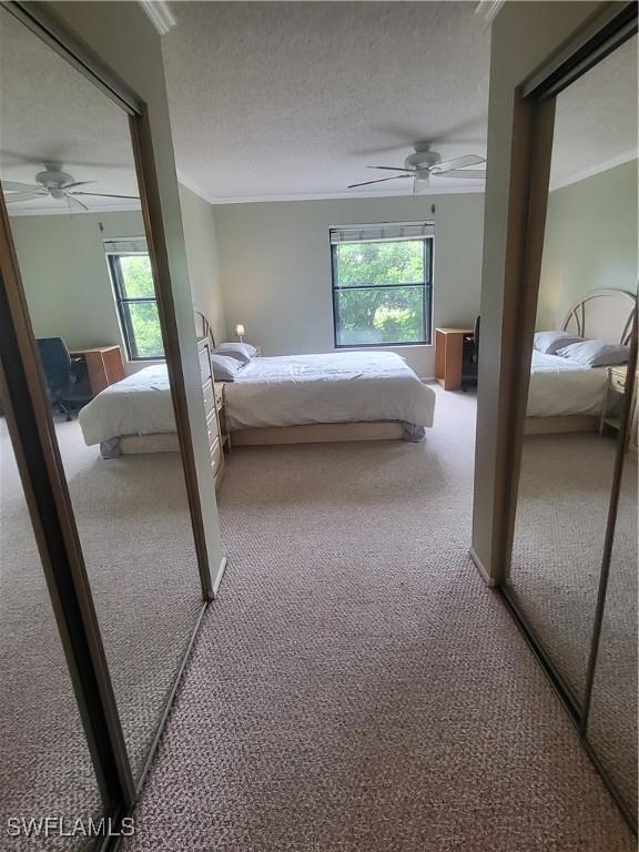 carpeted bedroom with a textured ceiling, ceiling fan, crown molding, and multiple windows