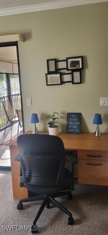 office space with carpet floors and crown molding