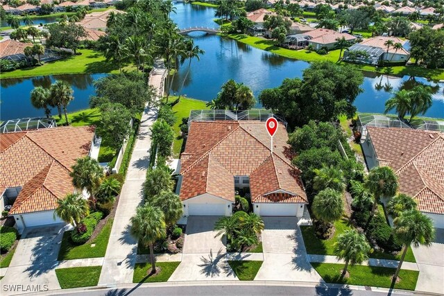 aerial view featuring a water view