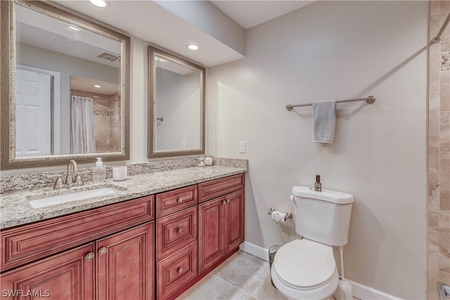 bathroom with vanity, tile patterned flooring, toilet, and a shower with shower curtain