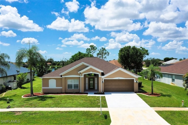 ranch-style home featuring a front yard and a garage