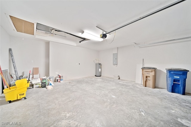 garage featuring a garage door opener, electric water heater, and electric panel