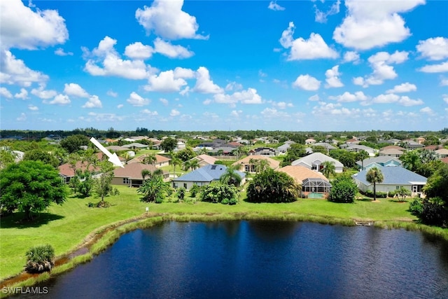 drone / aerial view featuring a water view