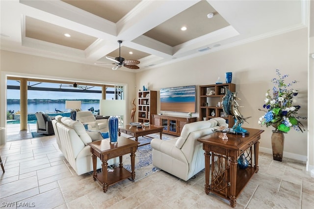 living room with ornamental molding, coffered ceiling, ceiling fan, beam ceiling, and a water view