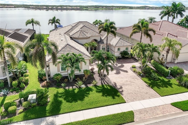 aerial view featuring a water view