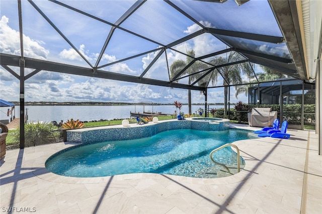 view of pool featuring glass enclosure, a water view, an in ground hot tub, and a patio