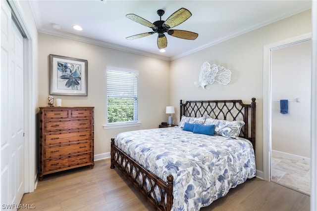 bedroom featuring ceiling fan, light wood-type flooring, crown molding, and a closet