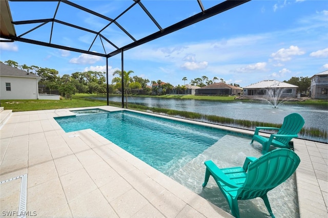 view of pool with an in ground hot tub, pool water feature, glass enclosure, a water view, and a patio area