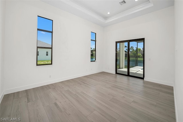 empty room featuring light hardwood / wood-style floors and a raised ceiling