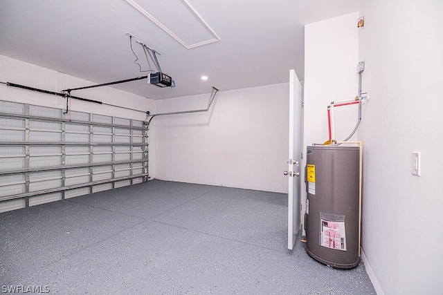 garage featuring a garage door opener and water heater