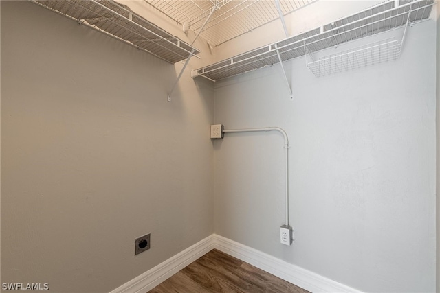 clothes washing area featuring electric dryer hookup and hardwood / wood-style flooring