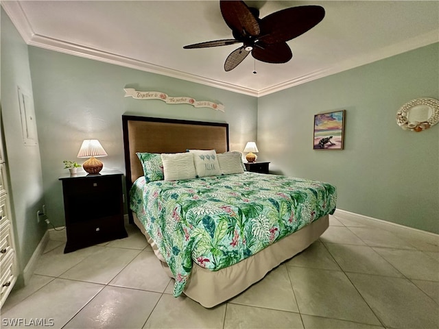 bedroom featuring crown molding, ceiling fan, and light tile patterned floors