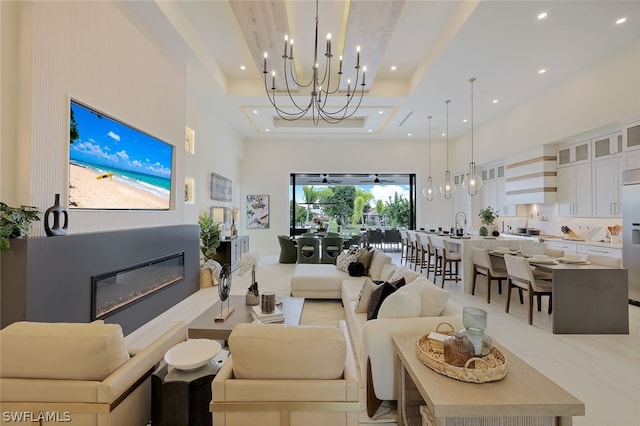 living room featuring a high ceiling