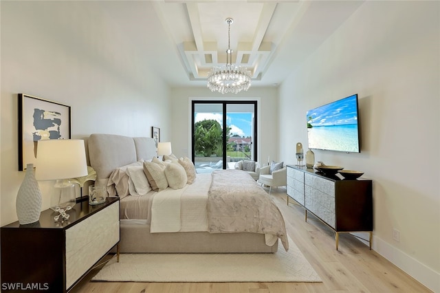 bedroom featuring beamed ceiling, a chandelier, coffered ceiling, access to outside, and light hardwood / wood-style flooring