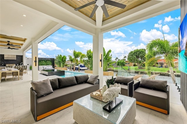 view of patio / terrace featuring an outdoor pool, ceiling fan, a water view, outdoor dining area, and outdoor lounge area