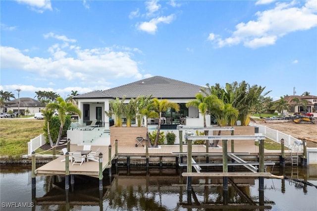 view of dock featuring a water view, boat lift, a pool, and fence