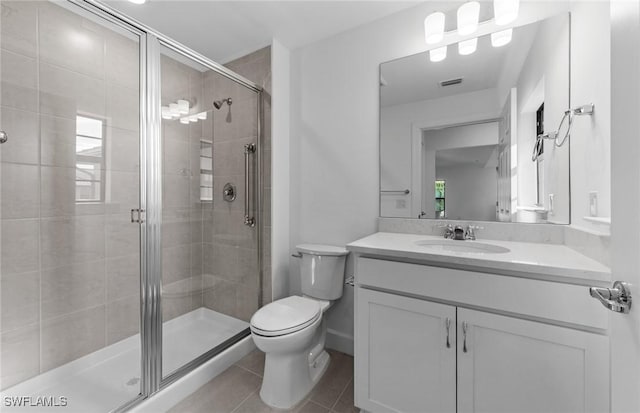 bathroom featuring a stall shower, visible vents, toilet, and tile patterned floors