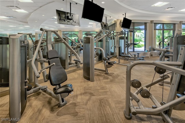 workout area featuring a paneled ceiling, a raised ceiling, and light colored carpet