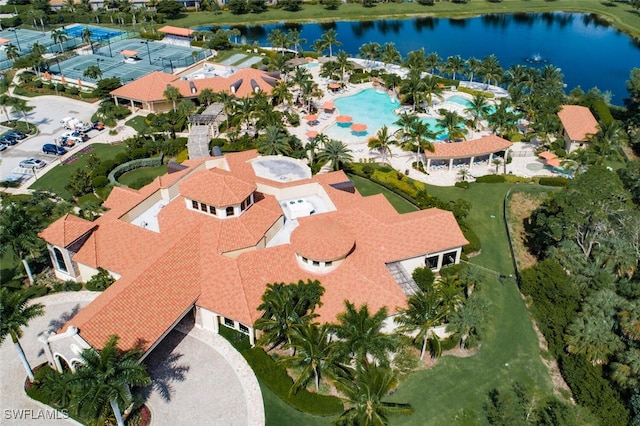 drone / aerial view featuring a water view