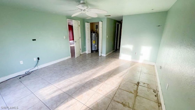 unfurnished room with water heater and ceiling fan