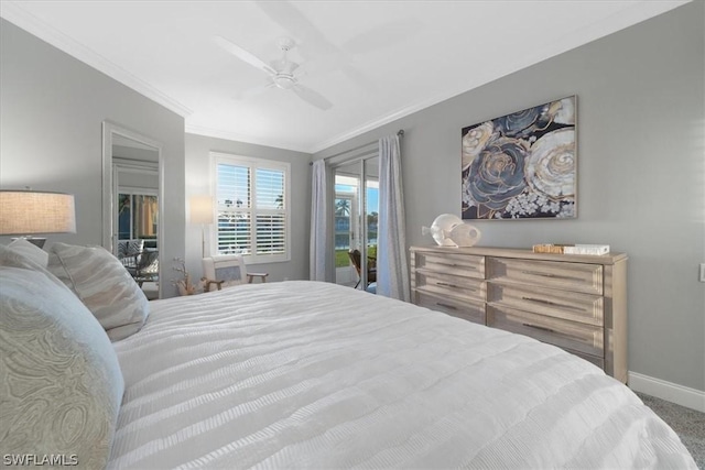 carpeted bedroom featuring crown molding, ceiling fan, and access to outside