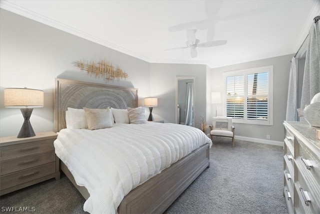 carpeted bedroom with ceiling fan and crown molding