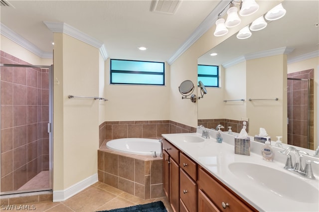 bathroom featuring tile patterned floors, separate shower and tub, crown molding, and double vanity