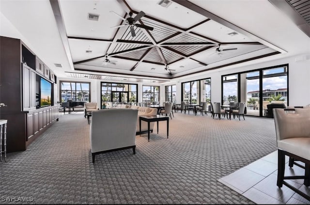 carpeted living room featuring coffered ceiling and ceiling fan