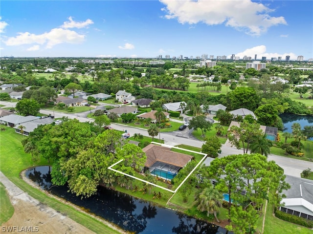 bird's eye view with a water view