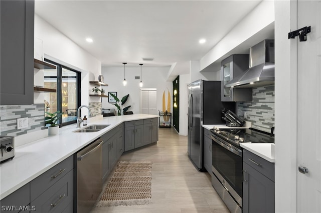 kitchen featuring backsplash, sink, stainless steel appliances, and wall chimney exhaust hood