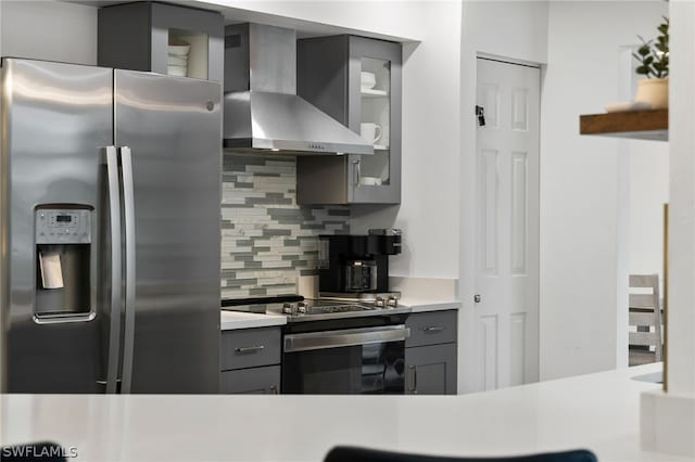 kitchen with wall chimney range hood, appliances with stainless steel finishes, tasteful backsplash, and gray cabinetry