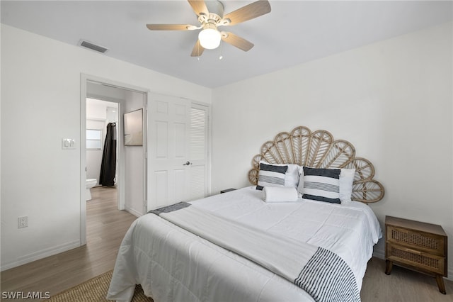 bedroom featuring ceiling fan and light hardwood / wood-style floors