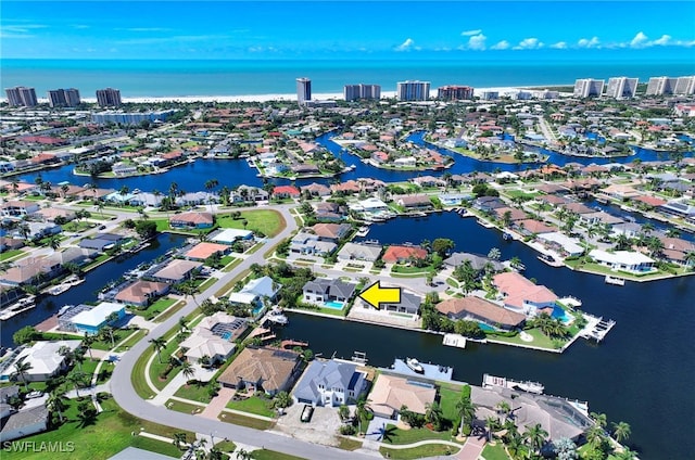 aerial view featuring a water view